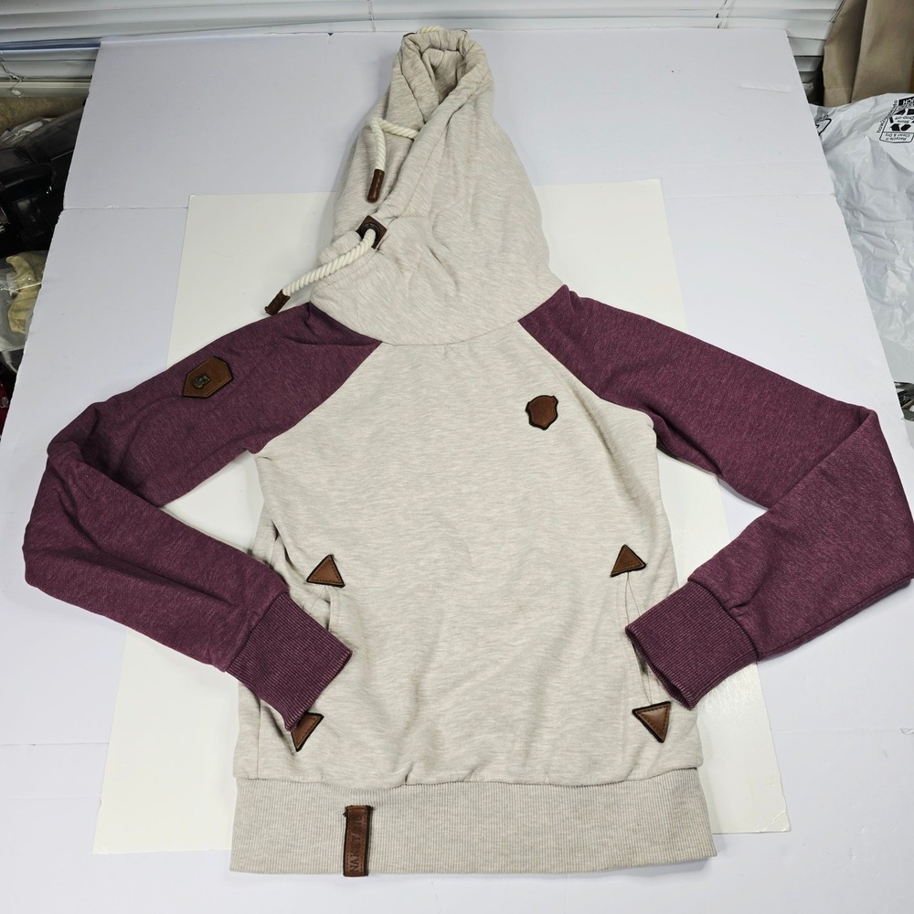 Naketano Womens Heather Beige Purple Mock Neck Hoodie Unique Details Athleisure‎